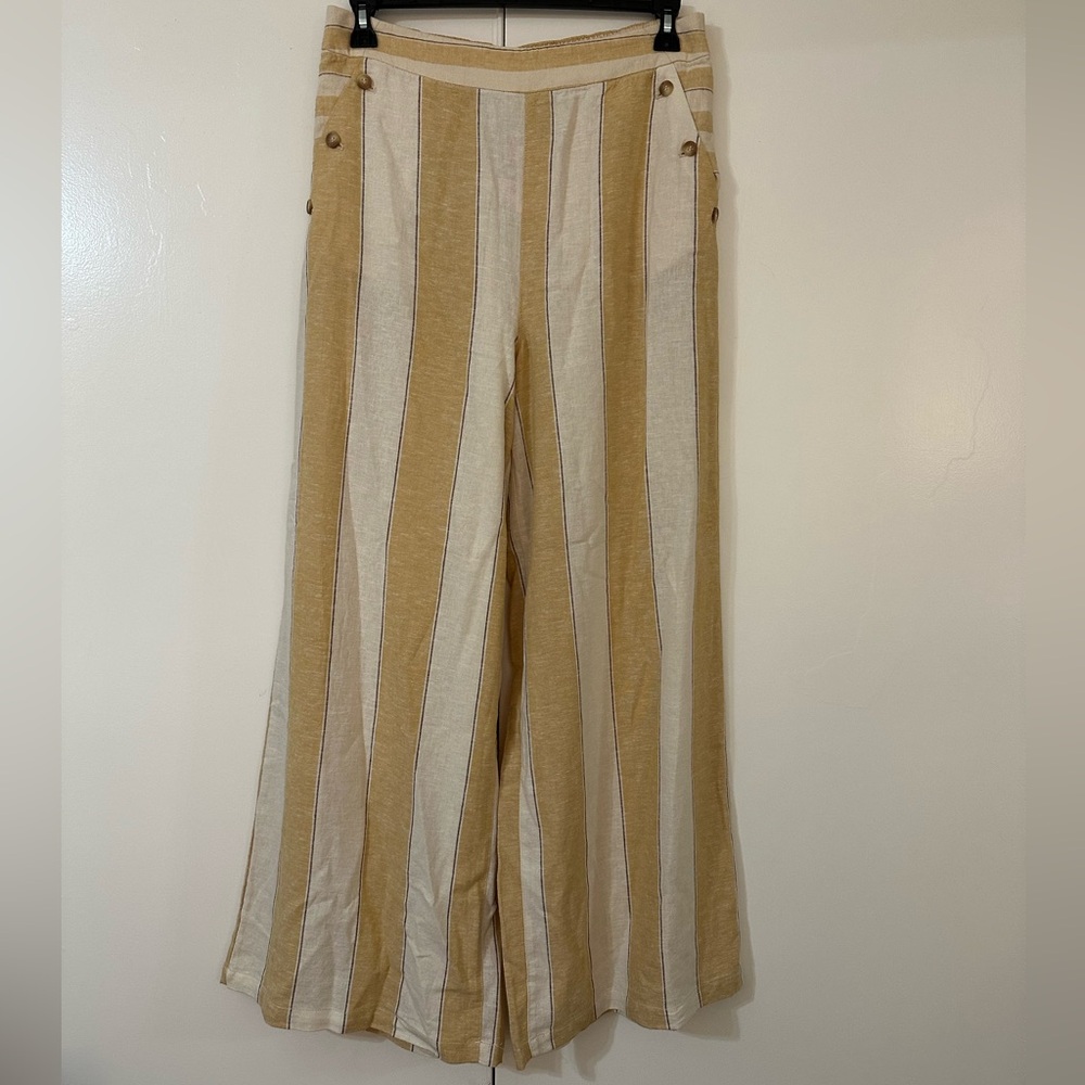 ROXY ADRIAN WIDE LEG LINEN BLEND PANTS AMBER GOLD STRIPE SIZE 31 NWT - Picture 5 of 12